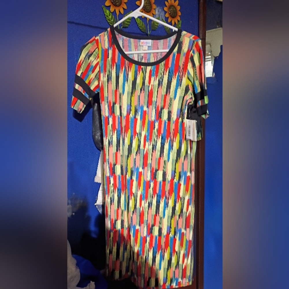 LuLaRoe Multicolor Brushstroke Knit Dress with Black Trim
